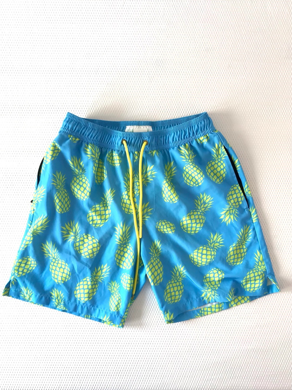 🍍Y2K Tropical Pineapple Swim Shorts Men's S Blue/Yellow lined zip pockets
